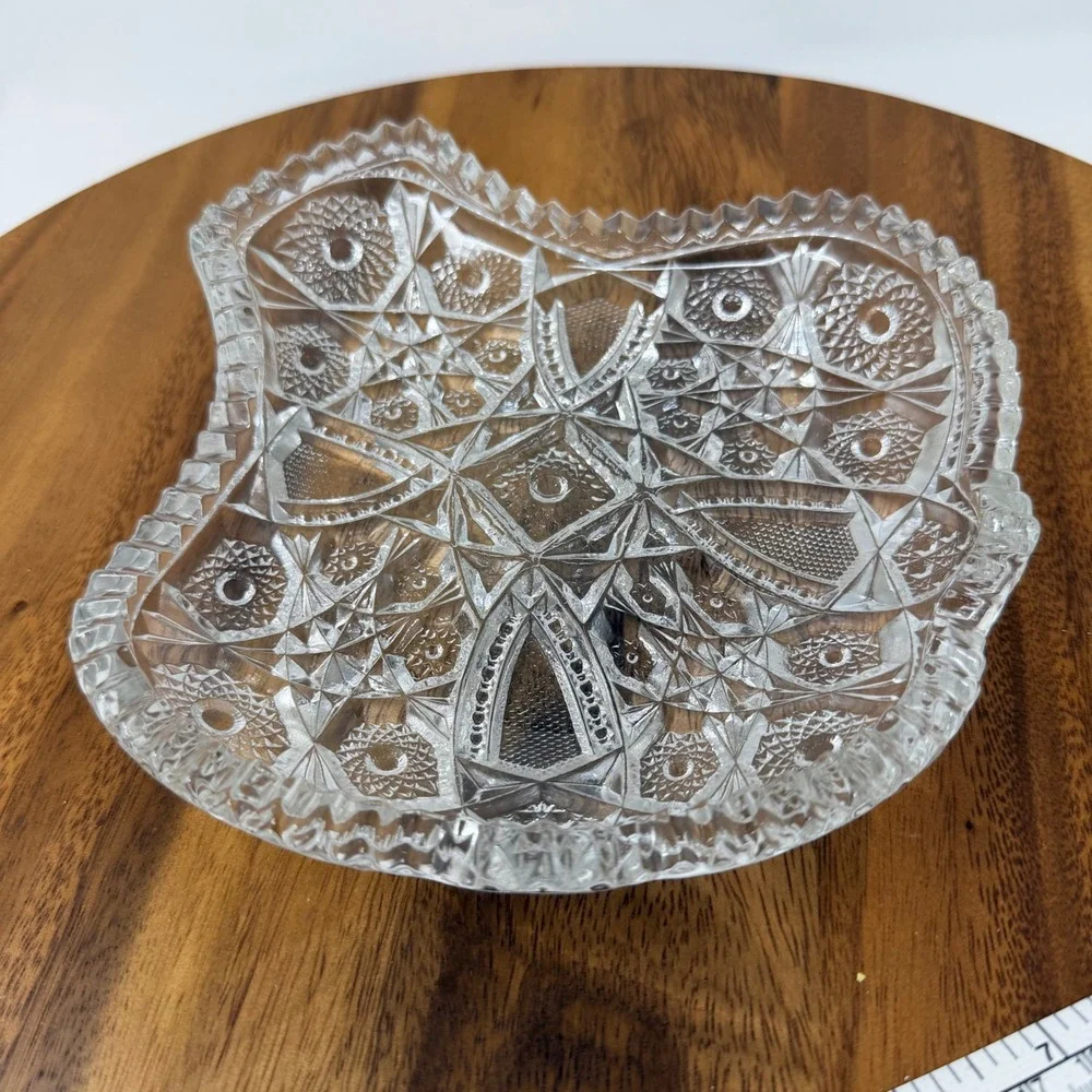 Vtg‎ American Brilliant Cut Glass Bowl Star and Fan Pattern Scalloped Edge 8in